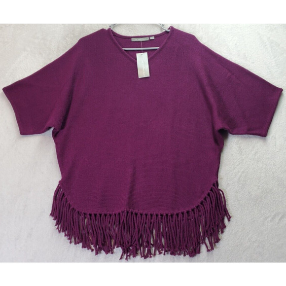 NY Collection Sweater Women Small Purple Fringe 100% Acrylic Short Sleeve V Neck - Picture 1 of 9